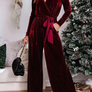 Chic Velvet Wrap Jumpsuit in Deep Red